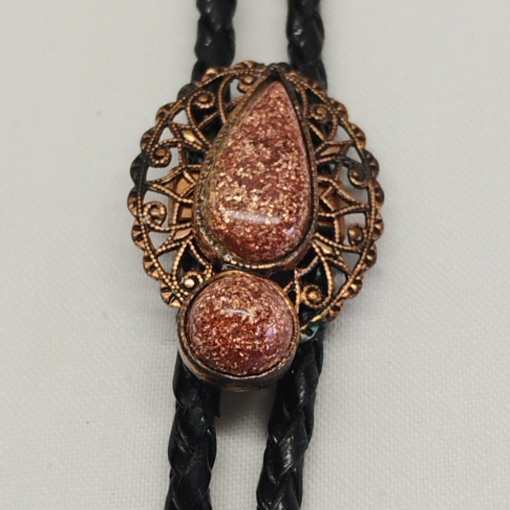 Mens Black Copper Tone Bug Bolo Tie Braided Leather Rope
